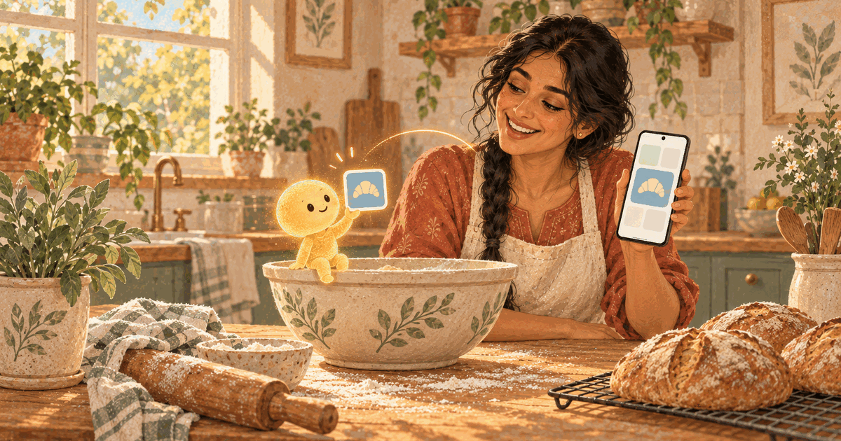 Meera, a home baker, shows her phone with its croissant app icon while a small glowing assistant perched on a mixing bowl holds up a matching tile.
