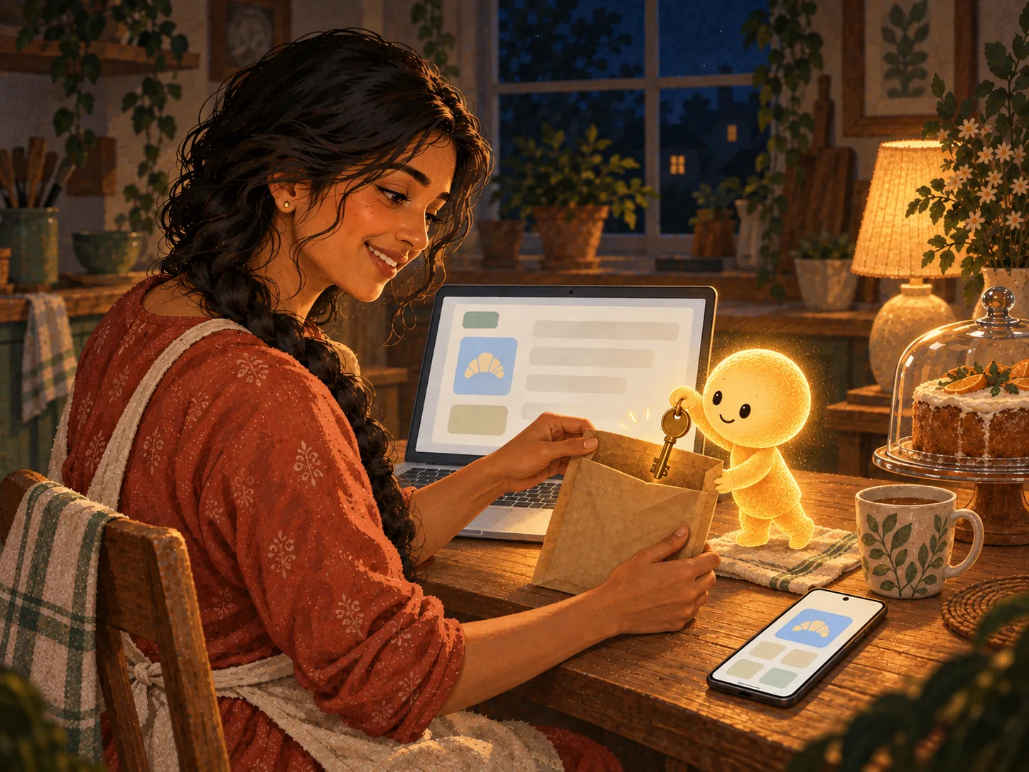 Meera sits at a laptop at her kitchen table, holding open a padded envelope while a small glowing assistant lowers a brass key into it.