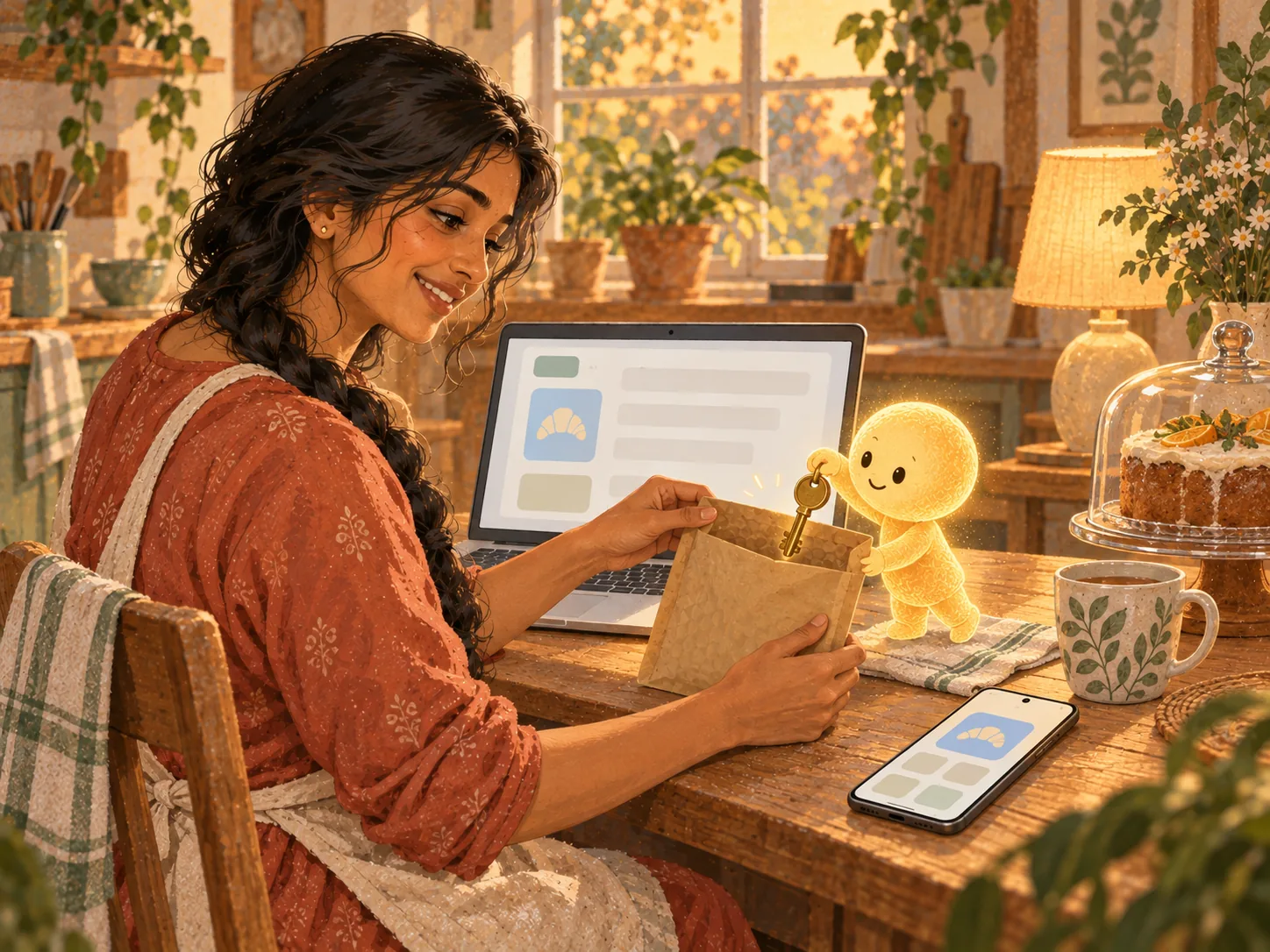 Meera sits at a laptop at her kitchen table, holding open a padded envelope while a small glowing assistant lowers a brass key into it.