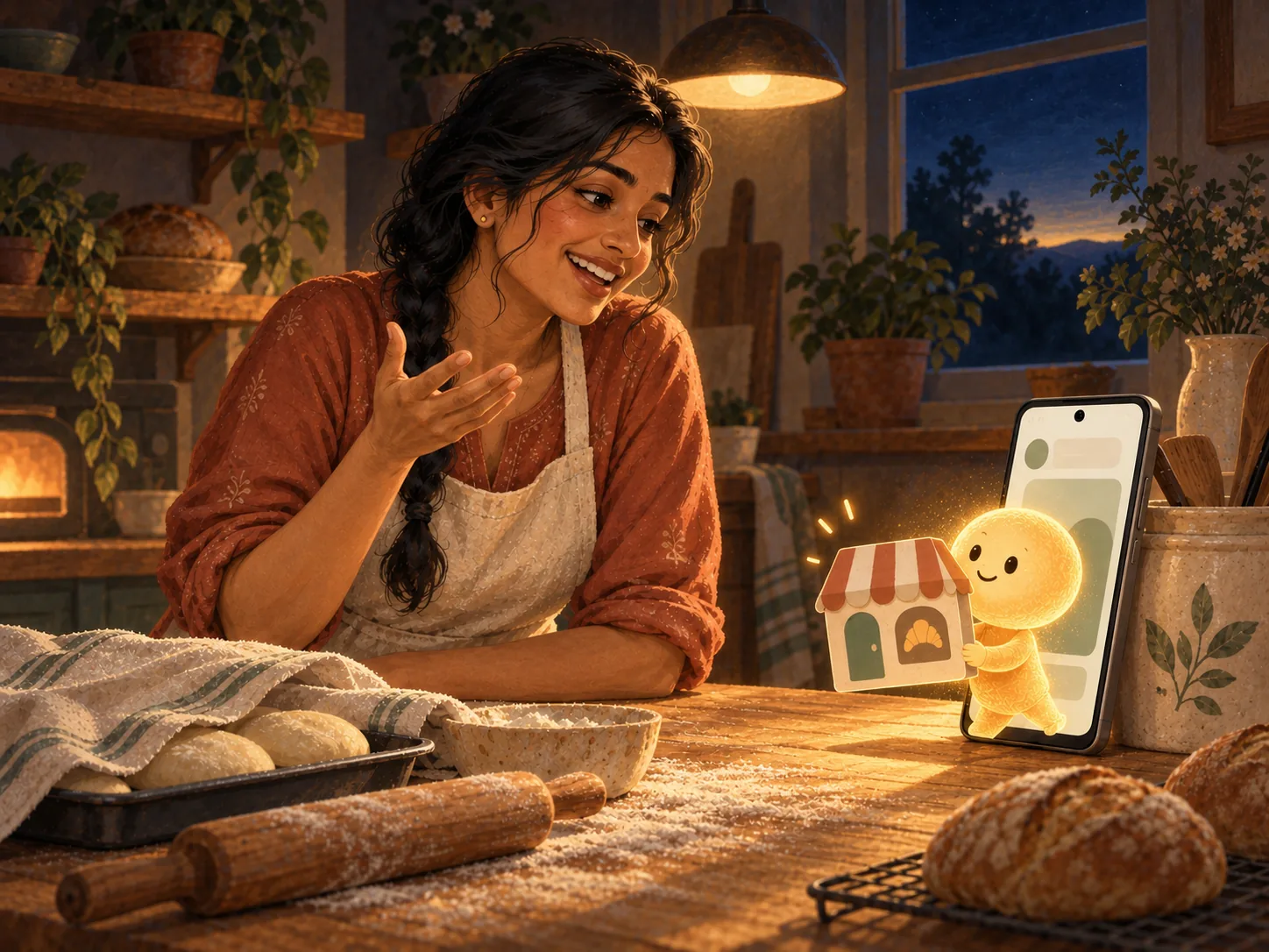 Meera, a home baker, talks to her phone at a floury kitchen counter while a small glowing assistant lifts a paper storefront out of the screen.
