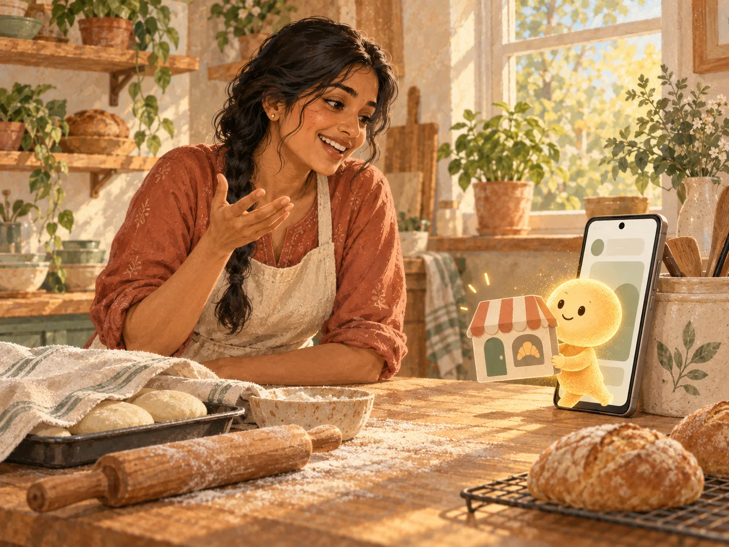 Meera, a home baker, talks to her phone at a floury kitchen counter while a small glowing assistant lifts a paper storefront out of the screen.