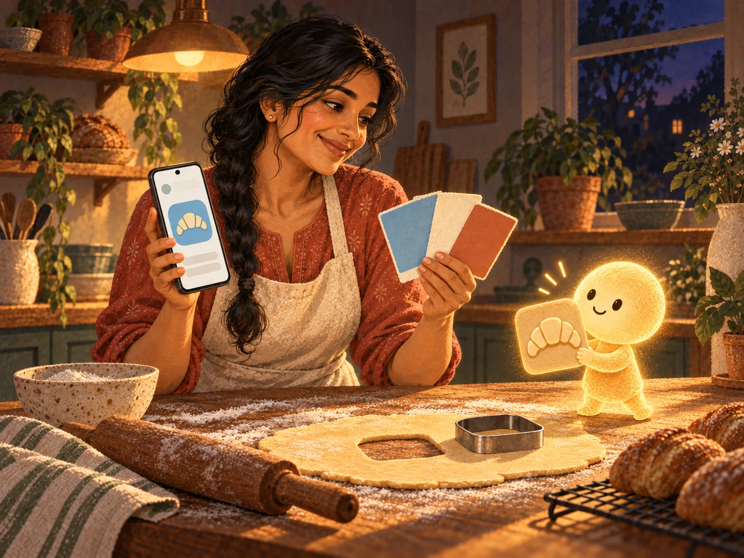 Meera holds her phone showing a croissant app icon and fans out colour swatches while a small glowing assistant holds up a matching tile cut from rolled dough.