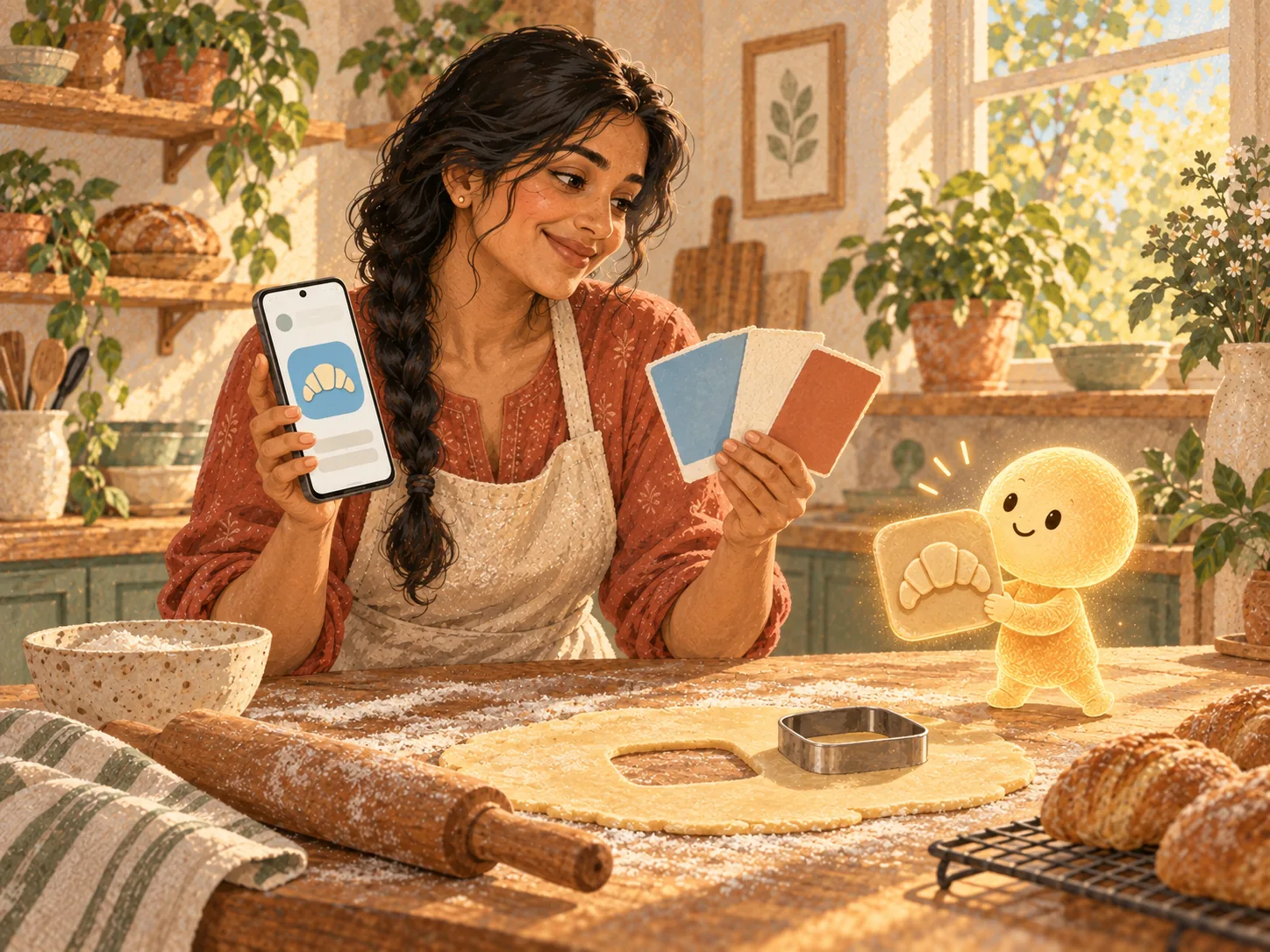 Meera holds her phone showing a croissant app icon and fans out colour swatches while a small glowing assistant holds up a matching tile cut from rolled dough.
