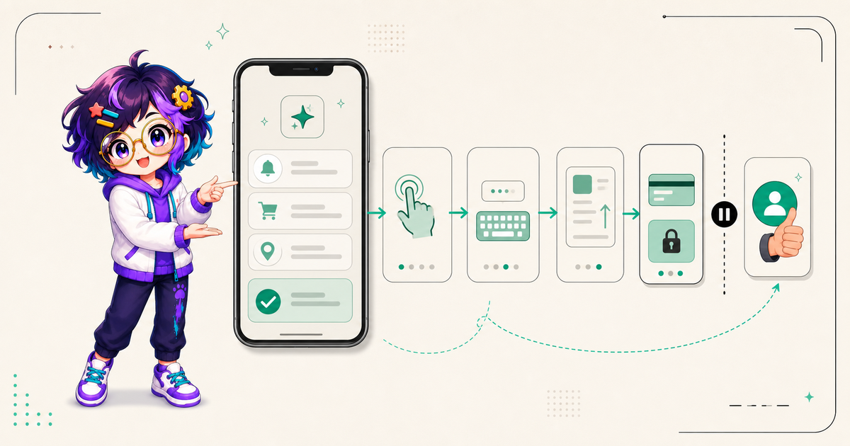 OpenAlly's guide figure beside a phone app flow that taps, types and scrolls, then pauses at a payment and lock step and hands control to the person.