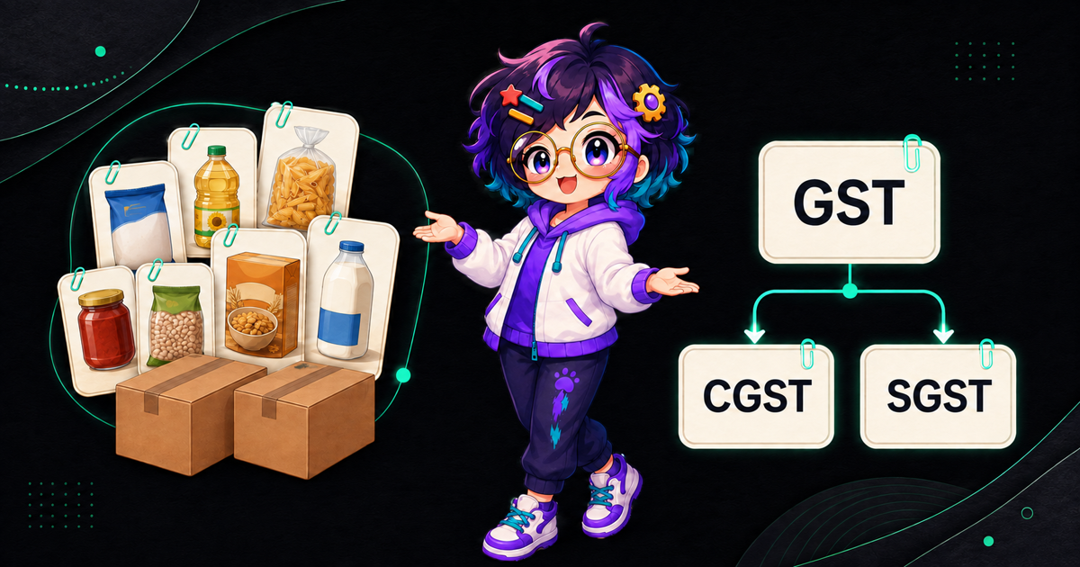 OpenAlly's guide figure beside a single Business record carrying a product row, a stock count and a GST card, with four disagreeing paper notes set aside on the counter.