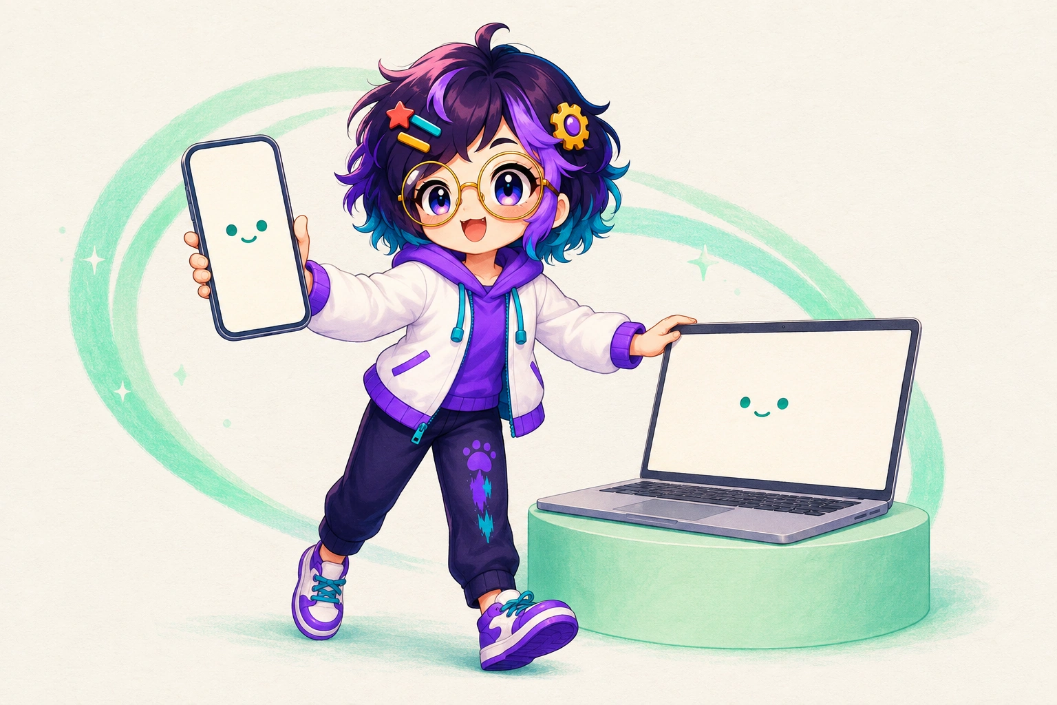Miro stands between two machines. An Android phone at chest height and an open Mac each carry a small companion face