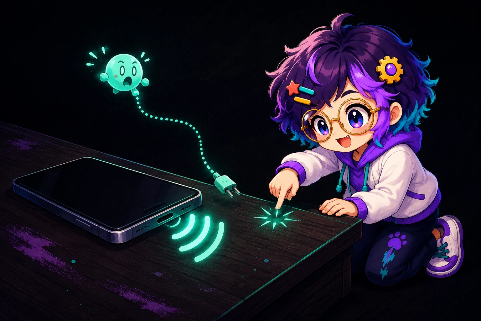 Miro taps a desk. A phone already plays a soundbite, and a tiny optional face recoils on a dotted unpluggable line