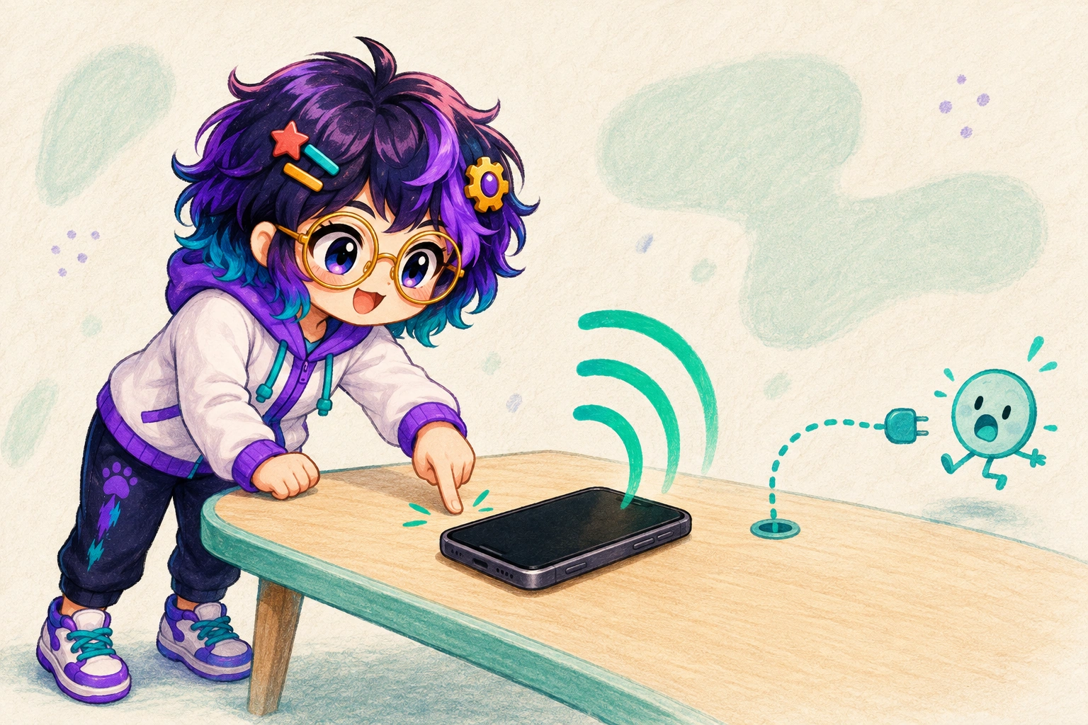 Miro taps a desk. A phone already plays a soundbite, and a tiny optional face recoils on a dotted unpluggable line