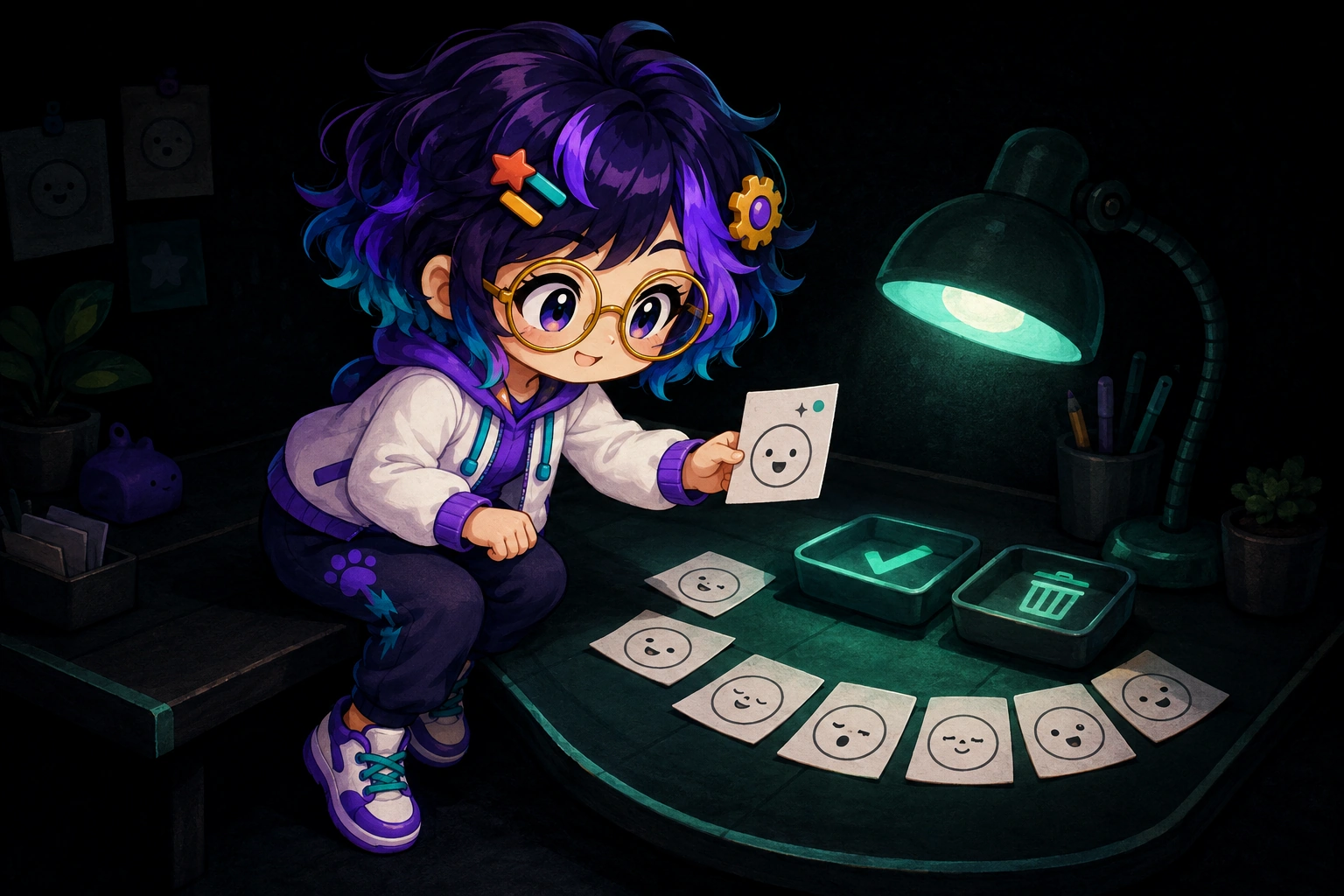 Miro sits at a studio desk. Expression cards are arranged, and one agent-suggestion card waits to be kept or dropped