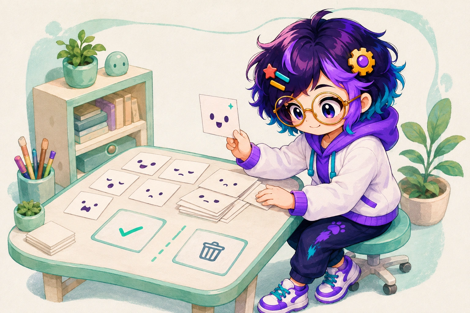 Miro sits at a studio desk. Expression cards are arranged, and one agent-suggestion card waits to be kept or dropped