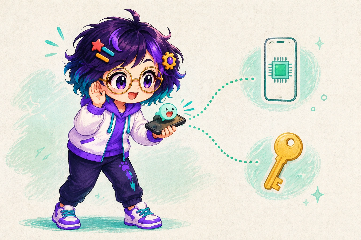 Miro holds a phone. The small face talks, with a local-voice mark and a separate key mark beside it