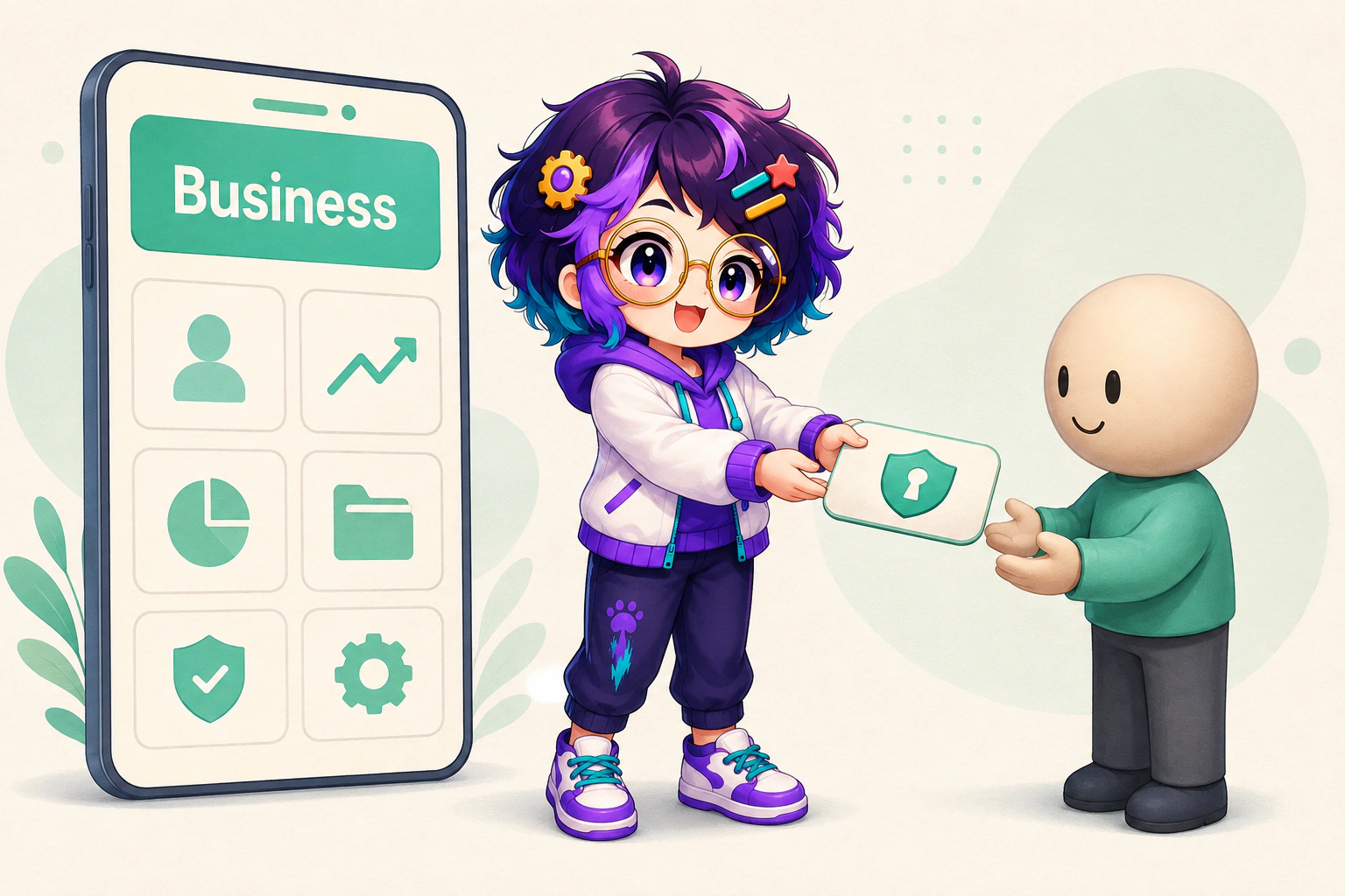 Illustrated guide figure between a shelf panel of product rows and a floating grant card. The card carries a small wand and a padlock.