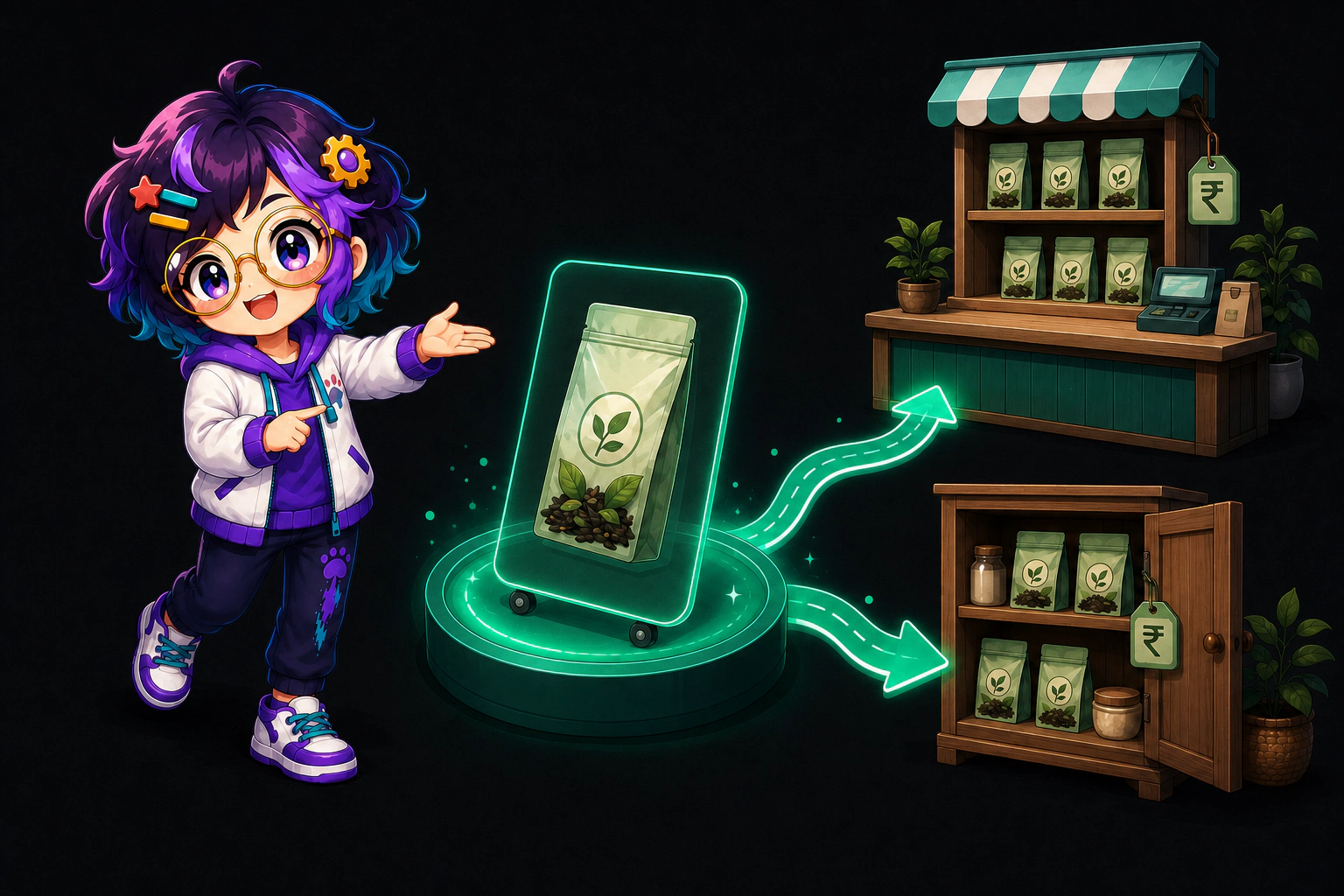 Illustrated guide figure lifting one product token out of a central pool. Two labelled trays beside it hold the same token with different price tags.