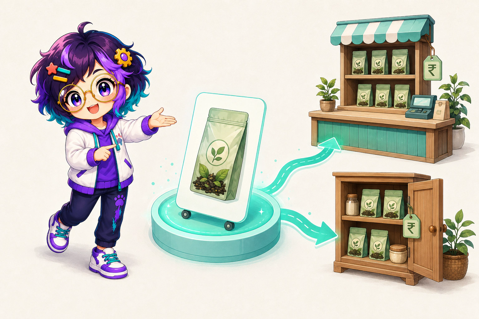 Illustrated guide figure lifting one product token out of a central pool. Two labelled trays beside it hold the same token with different price tags.