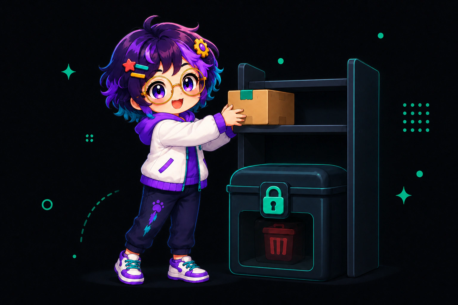 Illustrated guide figure sliding boxes onto a shelf. A gold padlock rests on the tall cabinet that holds the whole inventory.