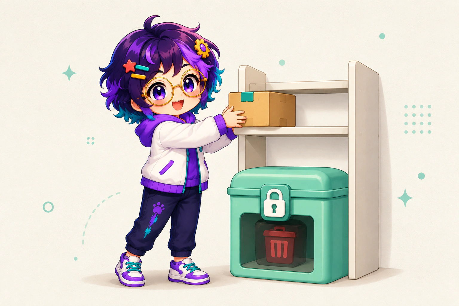 Illustrated guide figure sliding boxes onto a shelf. A gold padlock rests on the tall cabinet that holds the whole inventory.