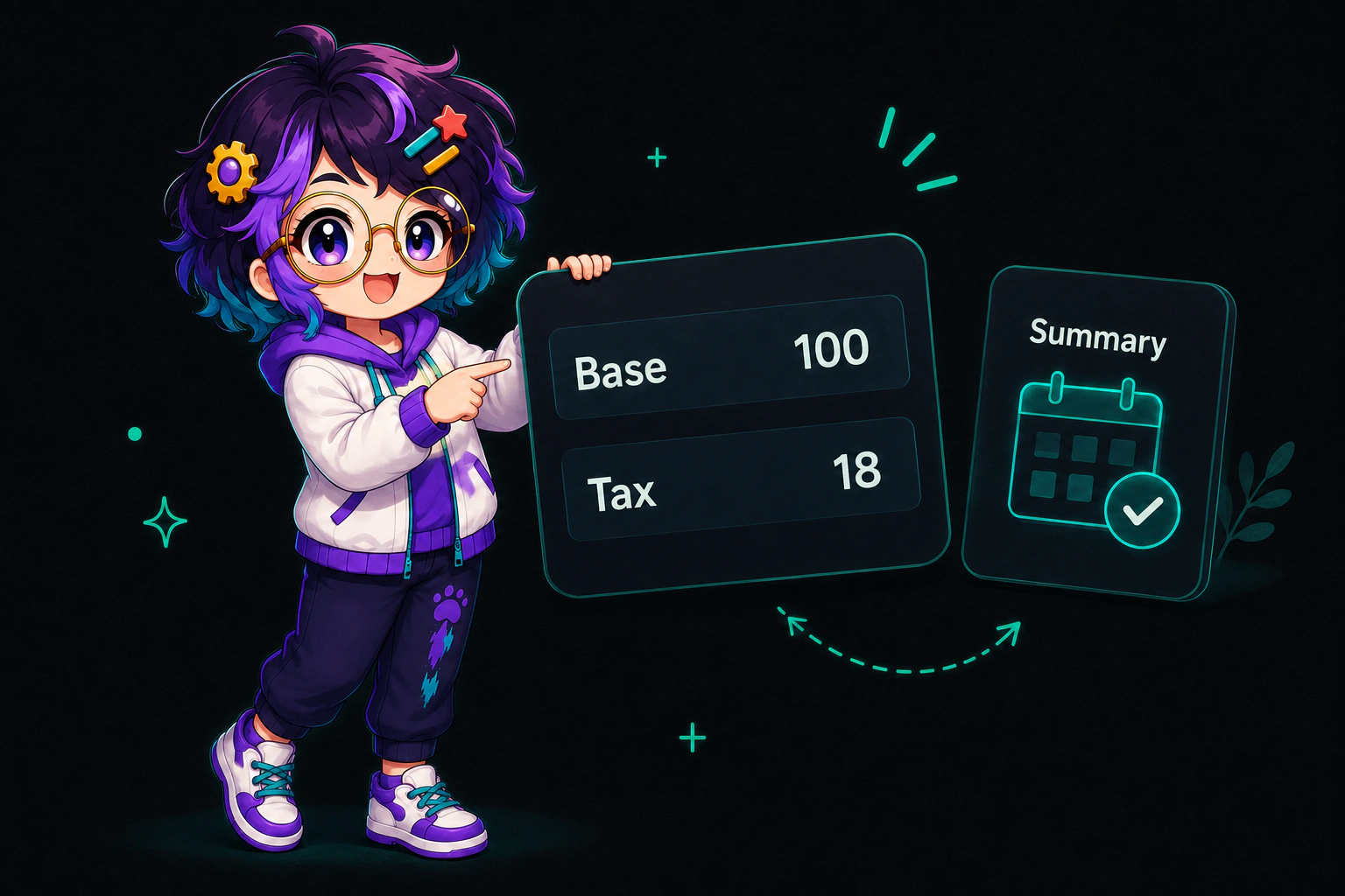 Illustrated guide figure holding a small calculator card beside a shelf label. An arrow runs from a bare amount to a figure with the tax shown underneath.