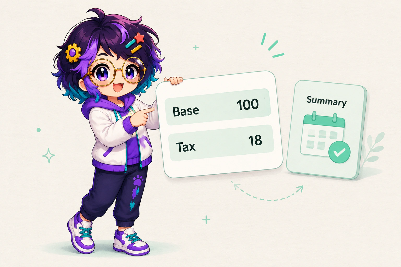 Illustrated guide figure holding a small calculator card beside a shelf label. An arrow runs from a bare amount to a figure with the tax shown underneath.