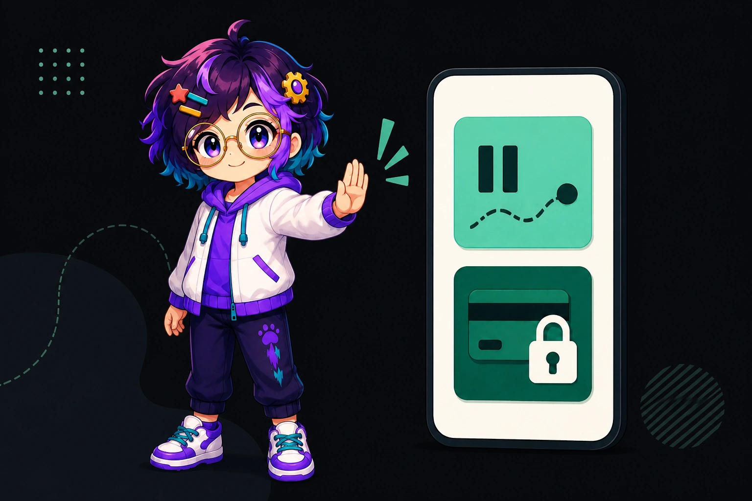 Illustrated guide figure with a raised palm. A phone beside it shows a paused automation and a locked bank card tile.