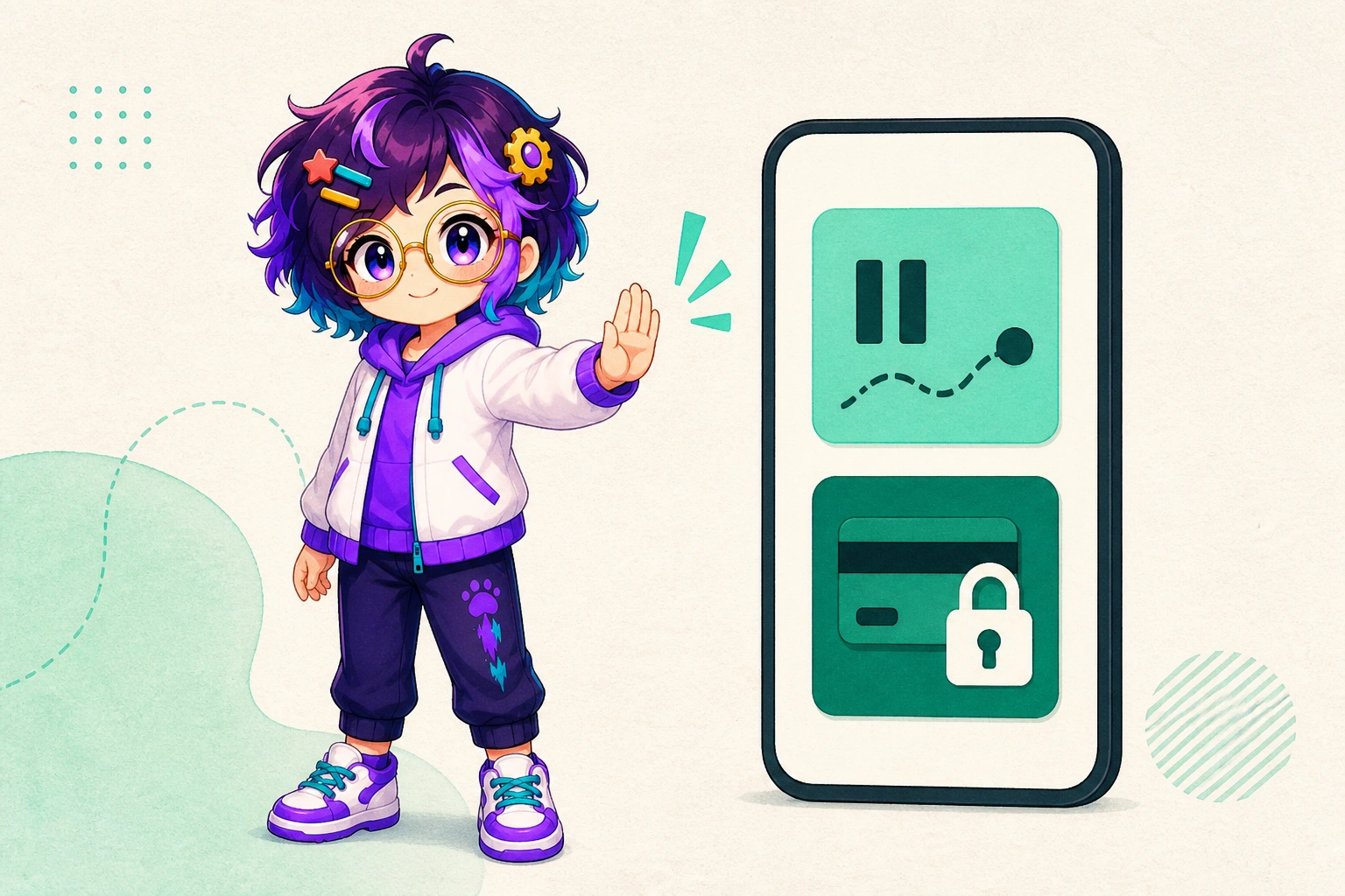 Illustrated guide figure with a raised palm. A phone beside it shows a paused automation and a locked bank card tile.