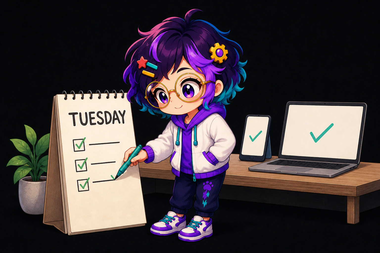 Illustrated guide figure ticking off the last item on a short Tuesday list. A phone and a Mac sit finished behind.