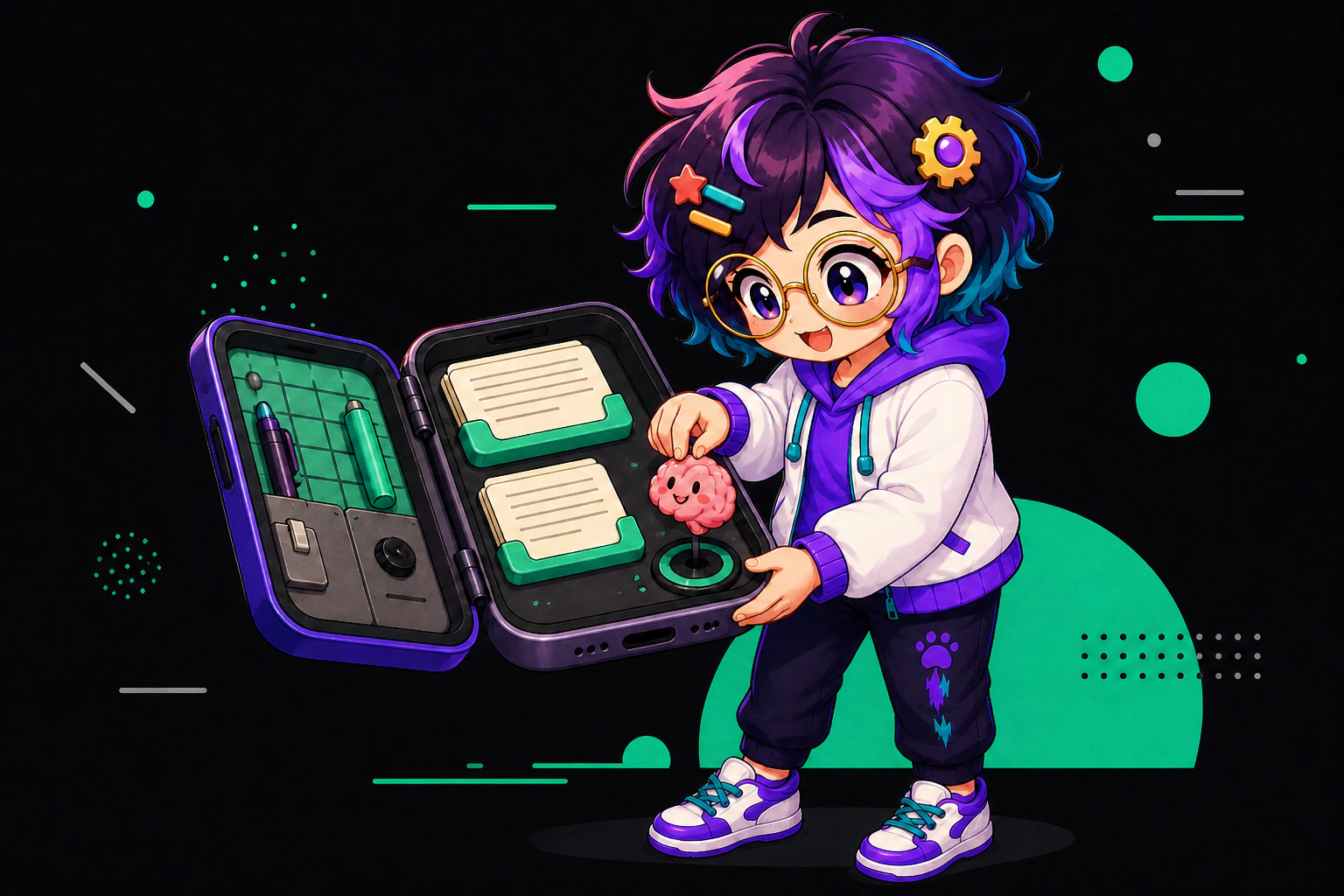 Illustrated guide figure holding a phone open like a small workshop. Record cards and a brain token sit stacked inside the handset.