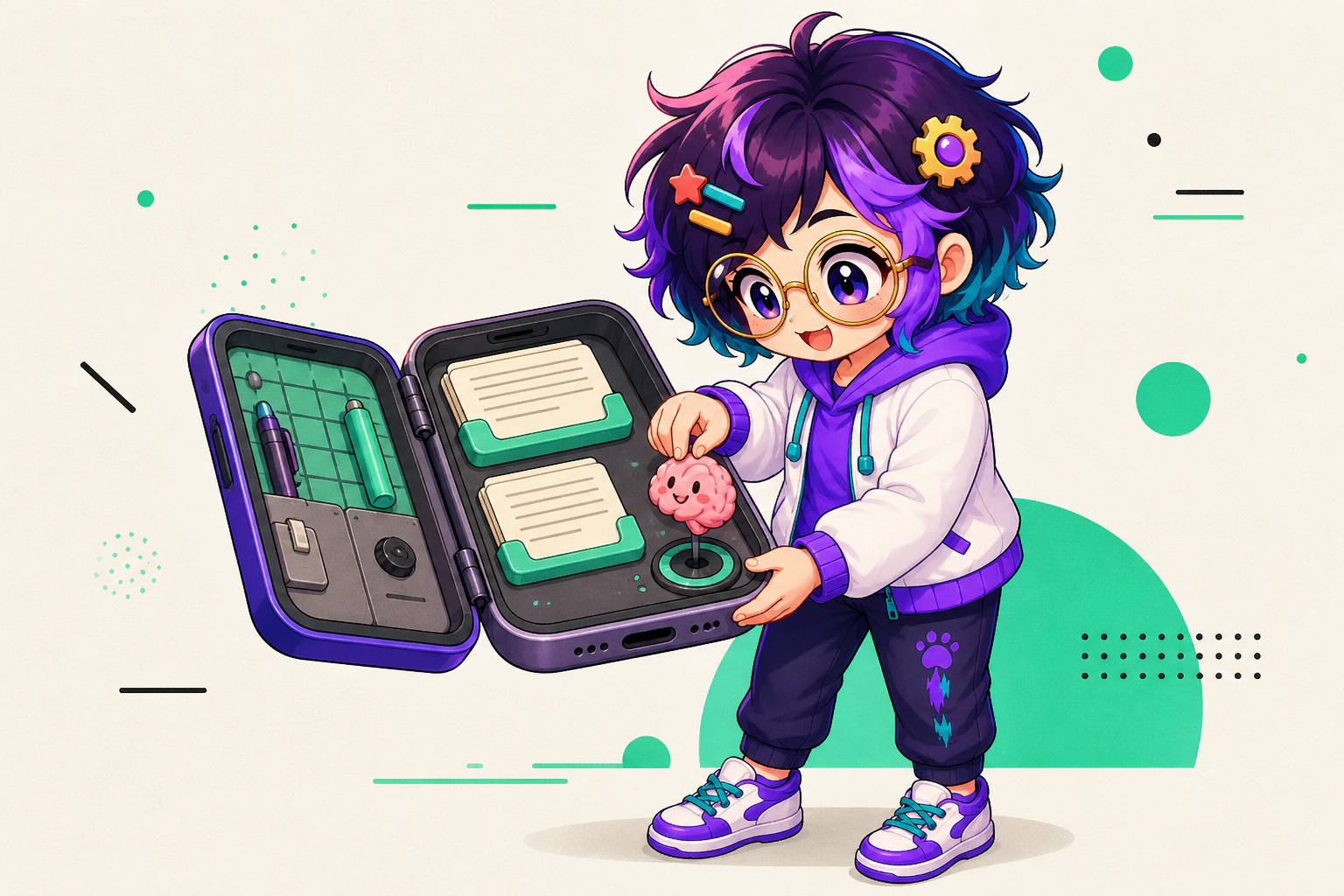 Illustrated guide figure holding a phone open like a small workshop. Record cards and a brain token sit stacked inside the handset.