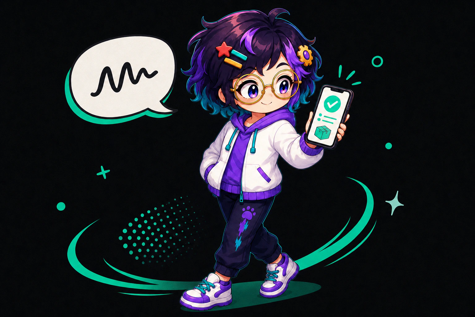 Illustrated guide figure turning away from a talking speech bubble. A phone in the other hand shows a task ticking over.