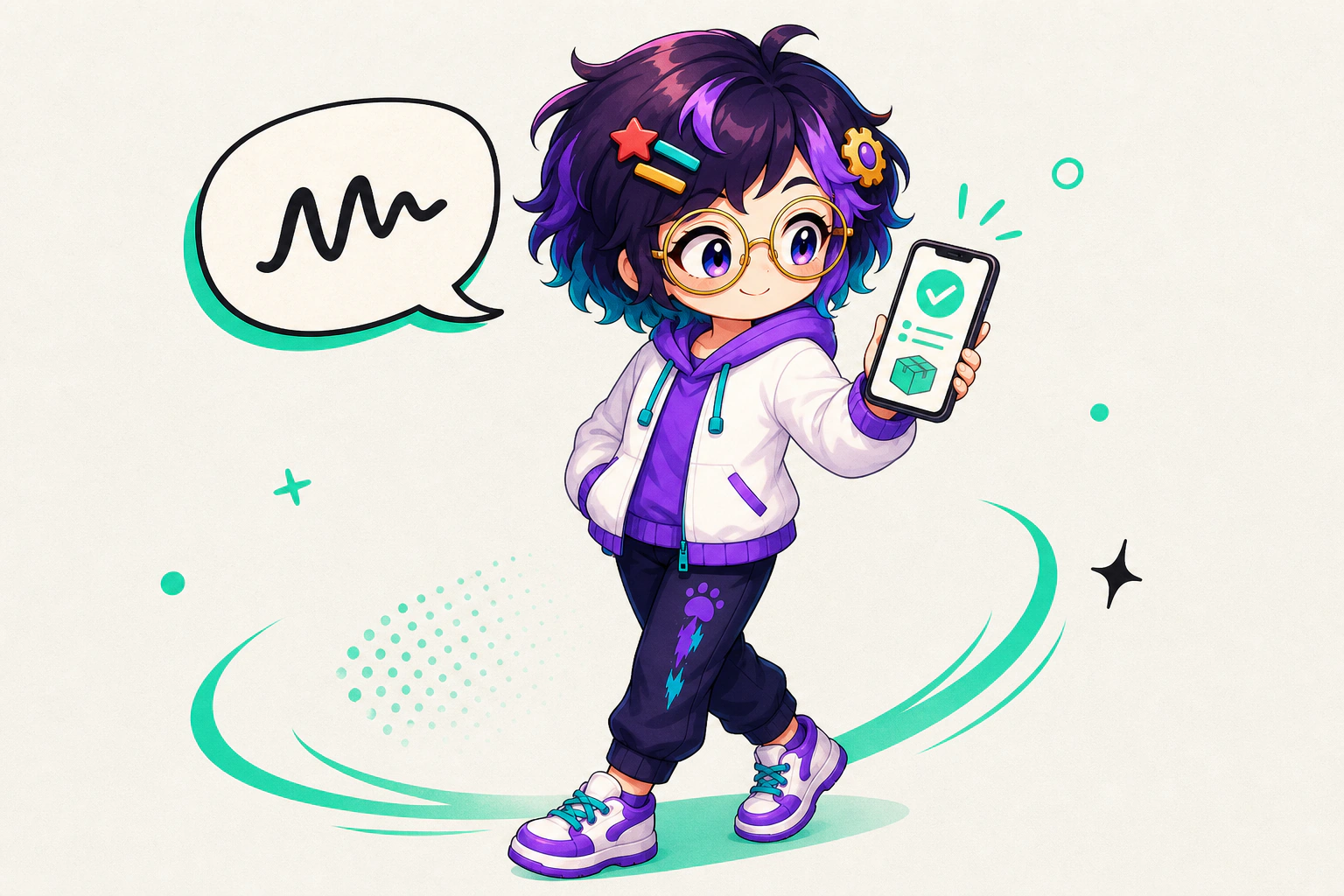 Illustrated guide figure turning away from a talking speech bubble. A phone in the other hand shows a task ticking over.