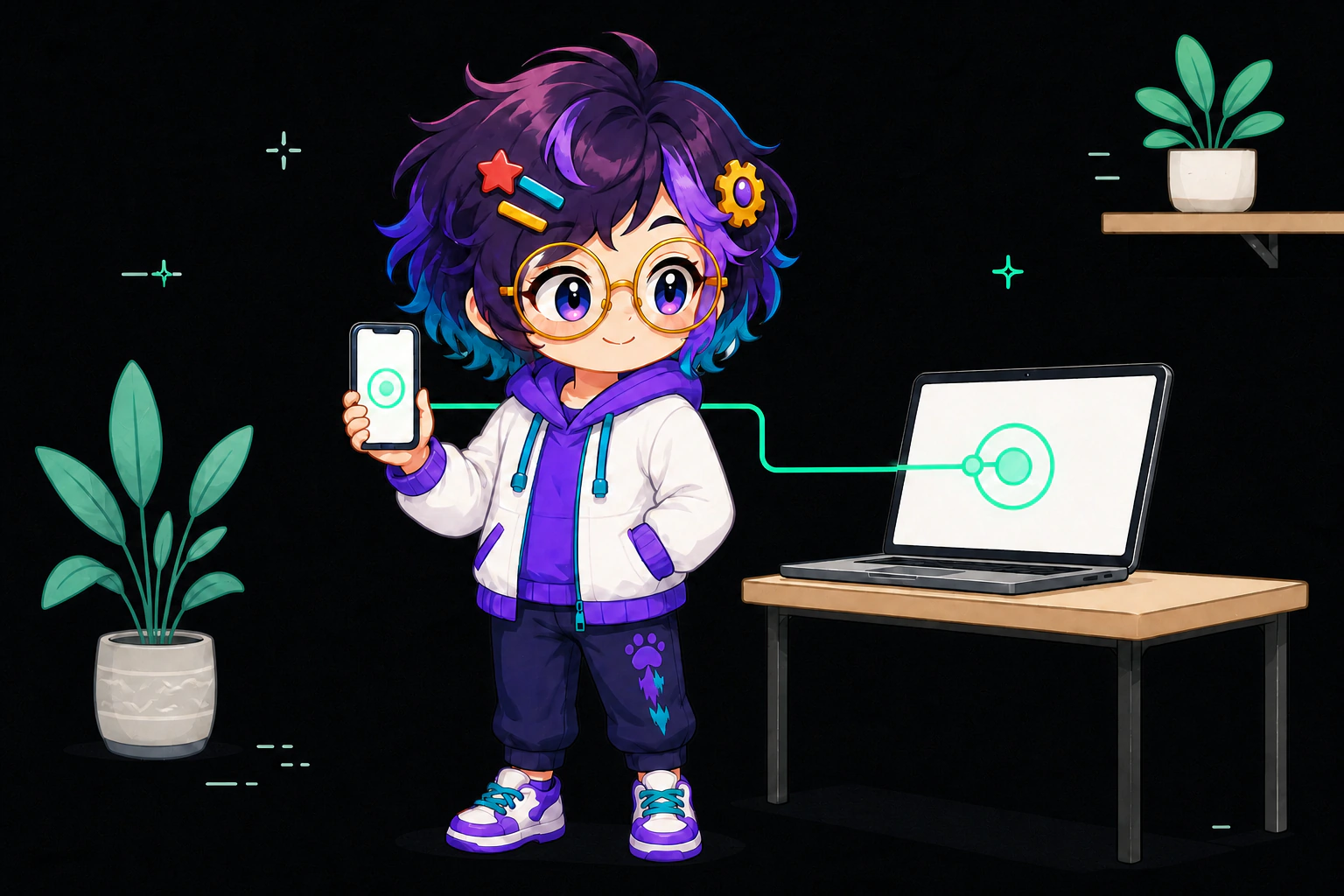 Illustrated guide figure between a phone held at chest height and an open laptop on a desk. A short mint line joins the two screens.