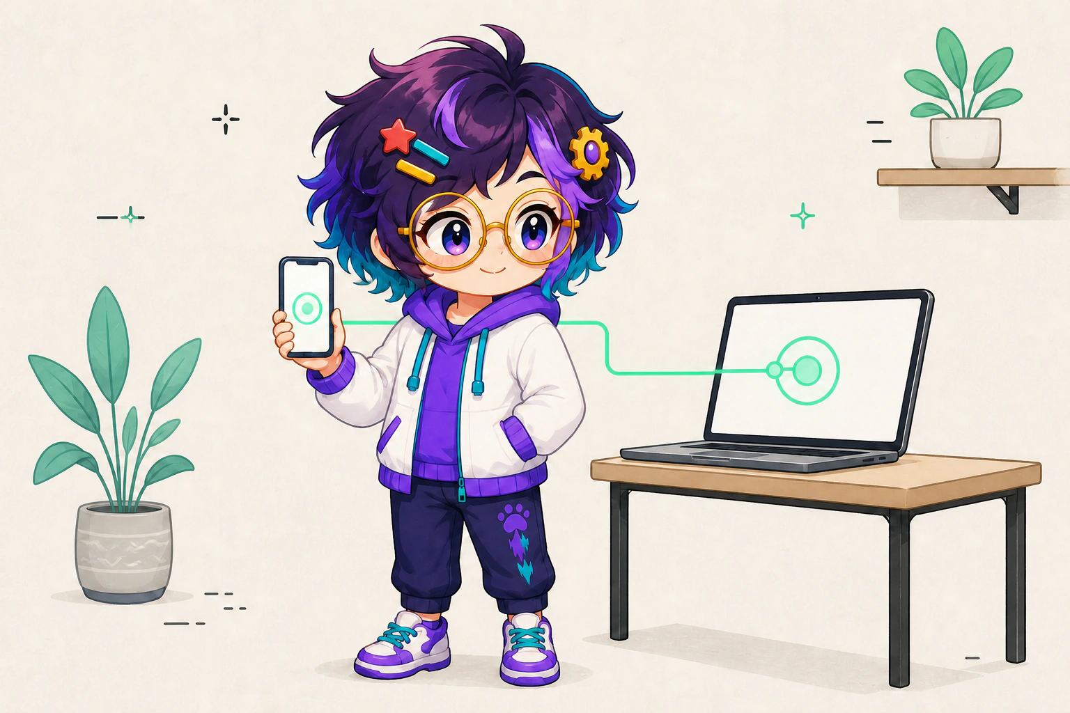 Illustrated guide figure between a phone held at chest height and an open laptop on a desk. A short mint line joins the two screens.