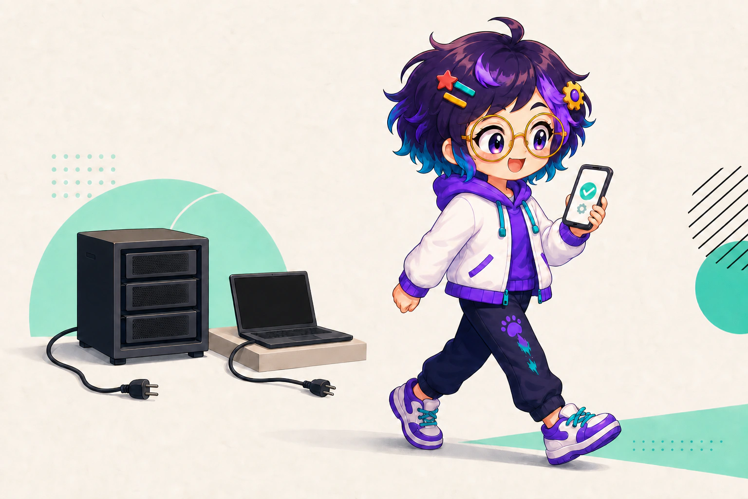 Illustrated guide figure walking past an unplugged rack and an idle laptop. Only the phone in hand is doing any work.