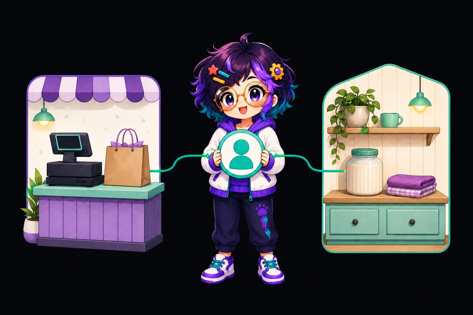 Illustrated guide figure between a shop counter tile and a kitchen shelf tile. One account marker joins the two.