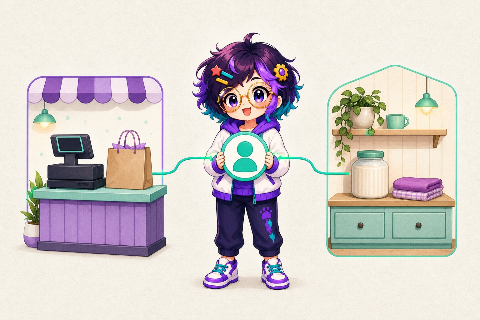 Illustrated guide figure between a shop counter tile and a kitchen shelf tile. One account marker joins the two.