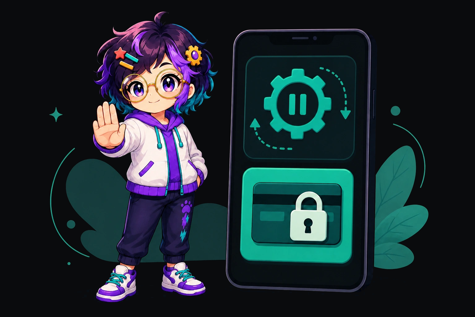 OpenAlly's guide figure with a raised palm. A phone beside it shows a paused automation and a locked bank card tile.