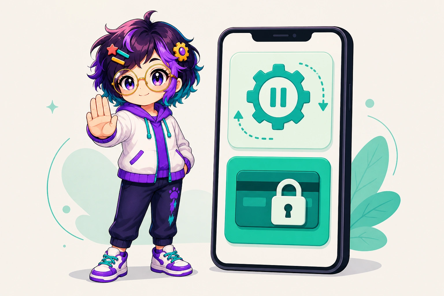 OpenAlly's guide figure with a raised palm. A phone beside it shows a paused automation and a locked bank card tile.
