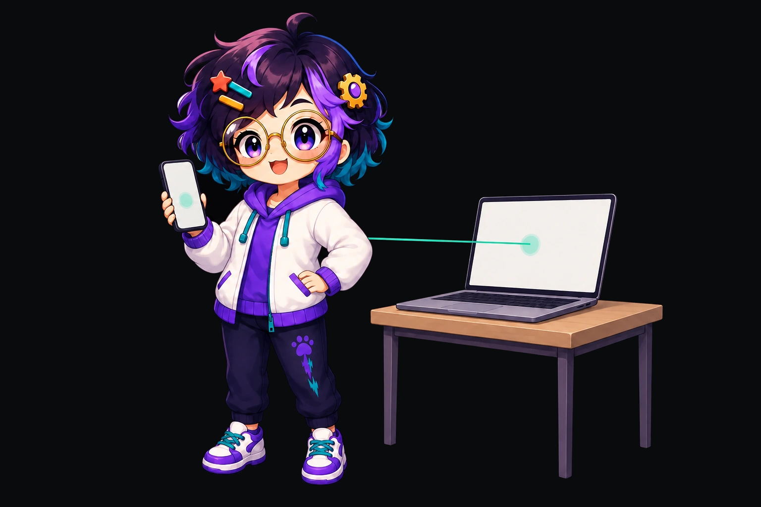 OpenAlly's guide figure between a phone held at chest height and an open laptop on a desk. A short mint line joins the two screens.