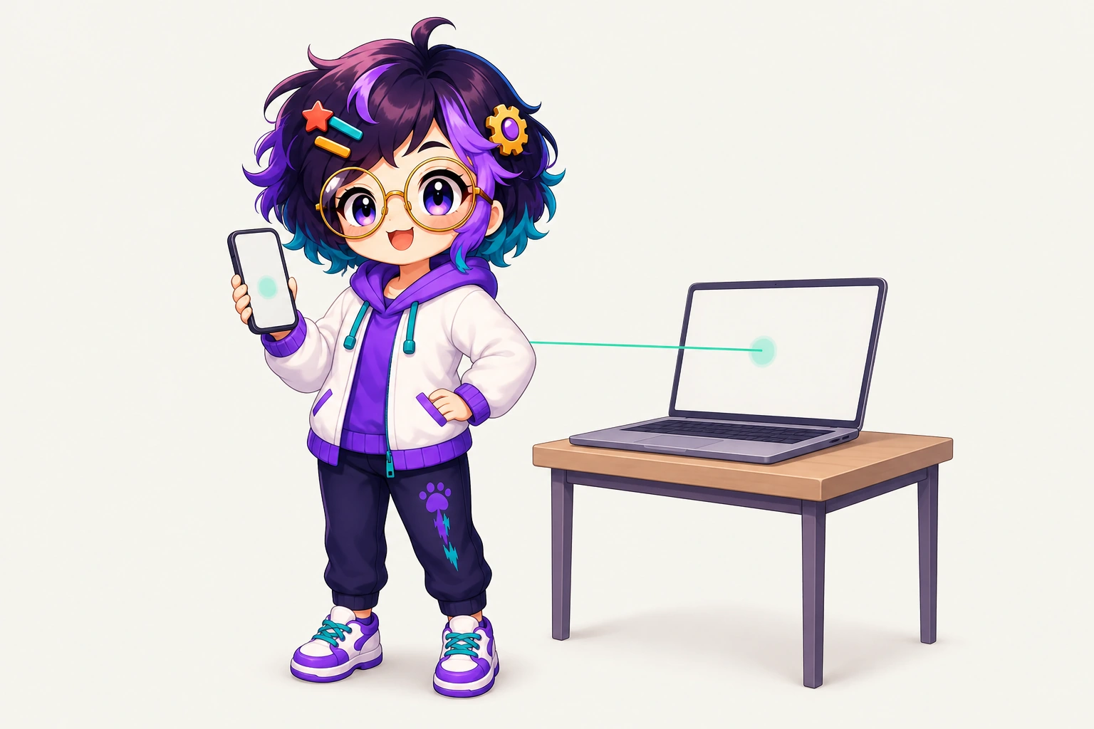 OpenAlly's guide figure between a phone held at chest height and an open laptop on a desk. A short mint line joins the two screens.