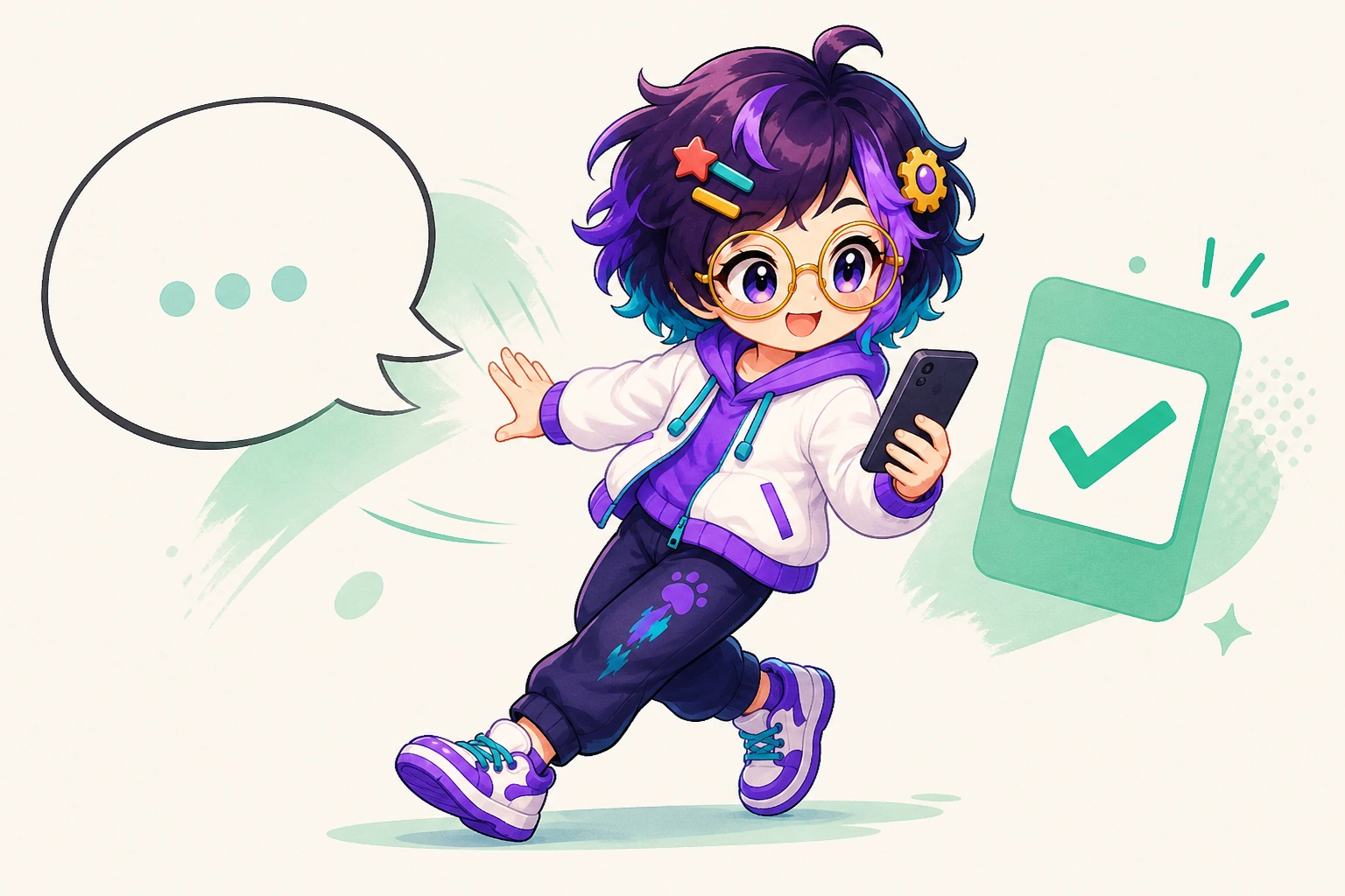 OpenAlly's guide figure turning away from a talking speech bubble. A phone in the other hand shows a task ticking over.