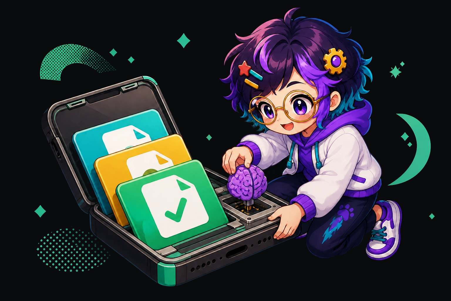 OpenAlly's guide figure holding a phone open like a small workshop. Record cards and a brain token sit stacked inside the handset.