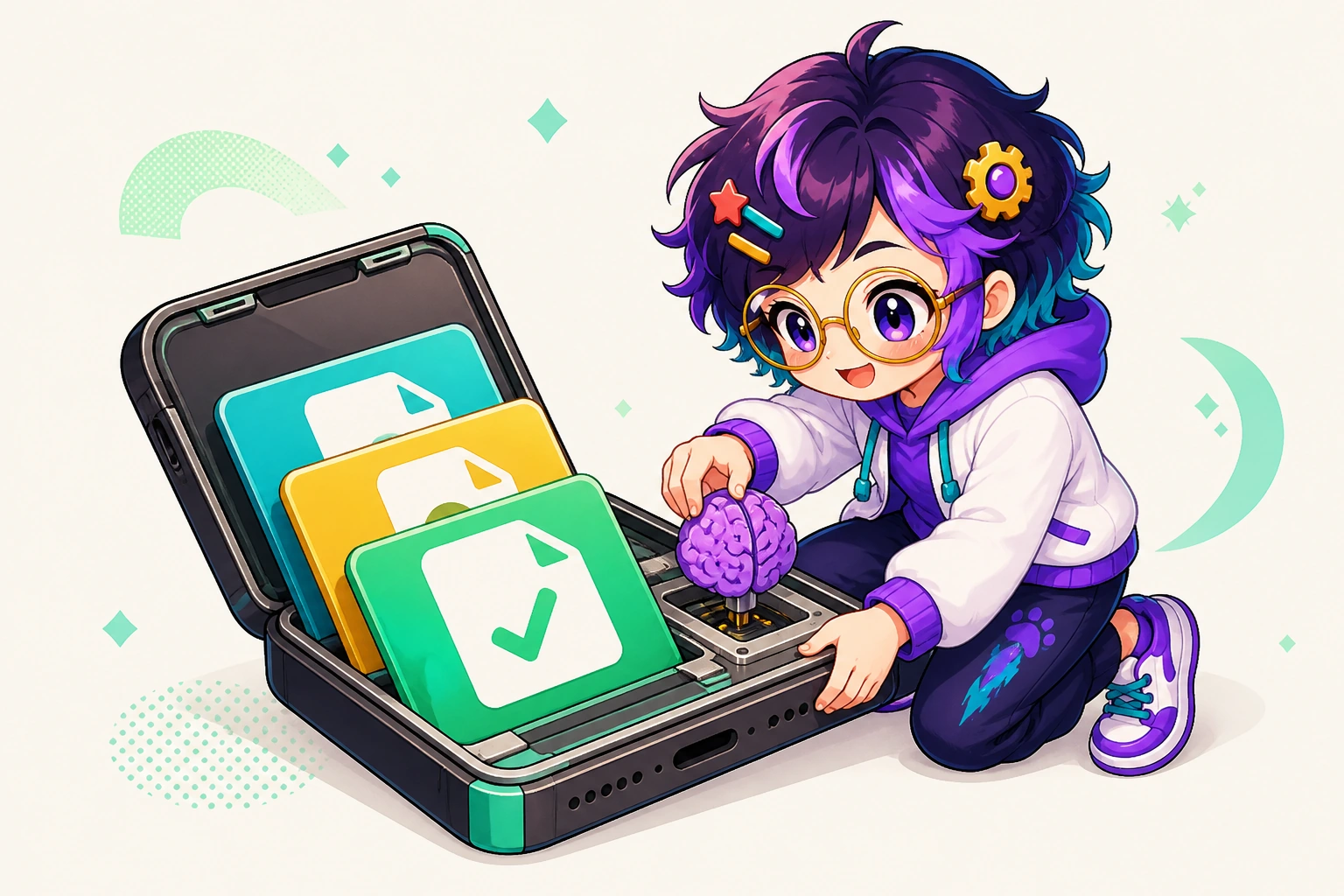 OpenAlly's guide figure holding a phone open like a small workshop. Record cards and a brain token sit stacked inside the handset.