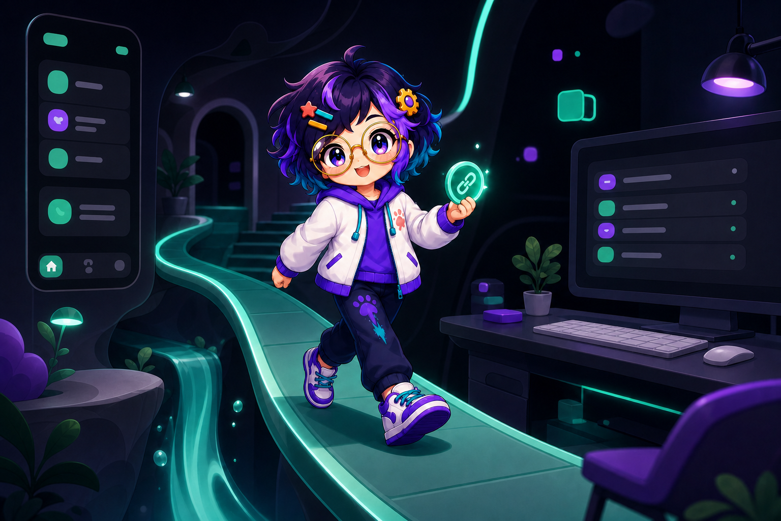 Illustrated guide figure walking a teal path with a chain-link disc, a phone panel on the left and a desk with a list on a monitor on the right