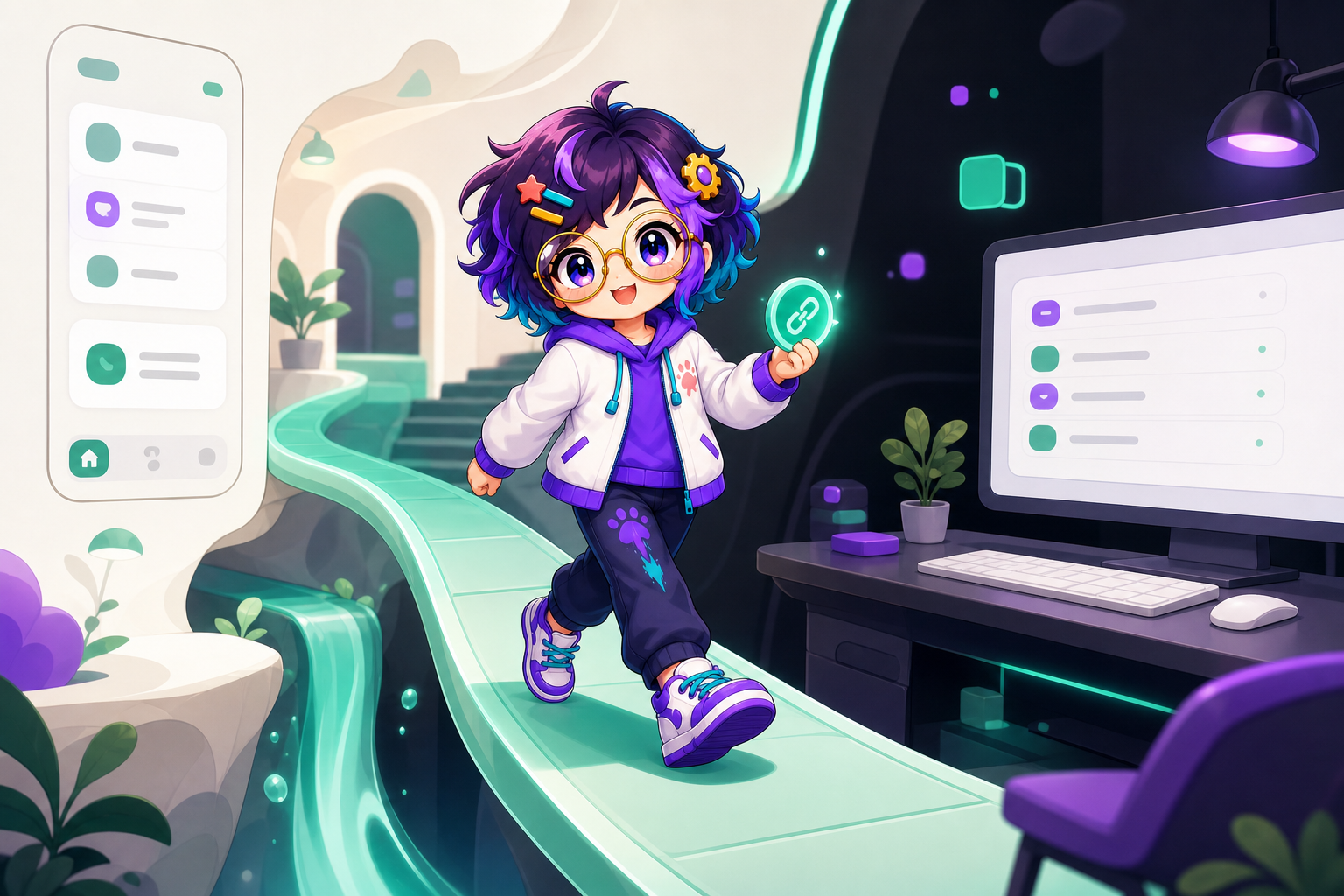 Illustrated guide figure walking a teal path with a chain-link disc, a phone panel on the left and a desk with a list on a monitor on the right