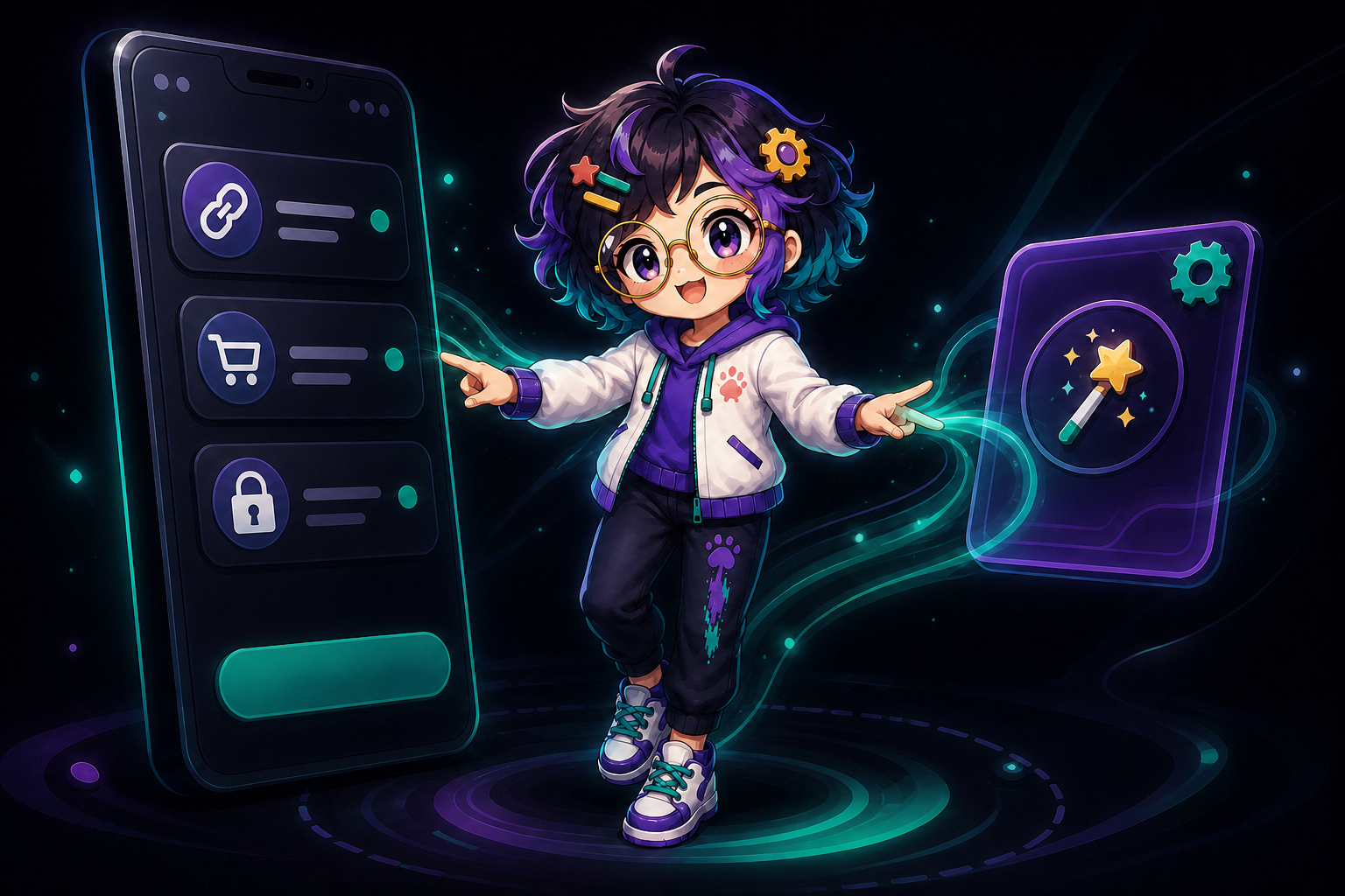 Illustrated guide figure between a phone list of link, cart, and bag rows and a floating card with a wand and a small gear