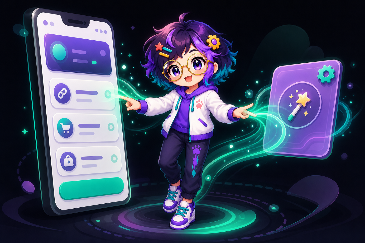 Illustrated guide figure between a phone list of link, cart, and bag rows and a floating card with a wand and a small gear