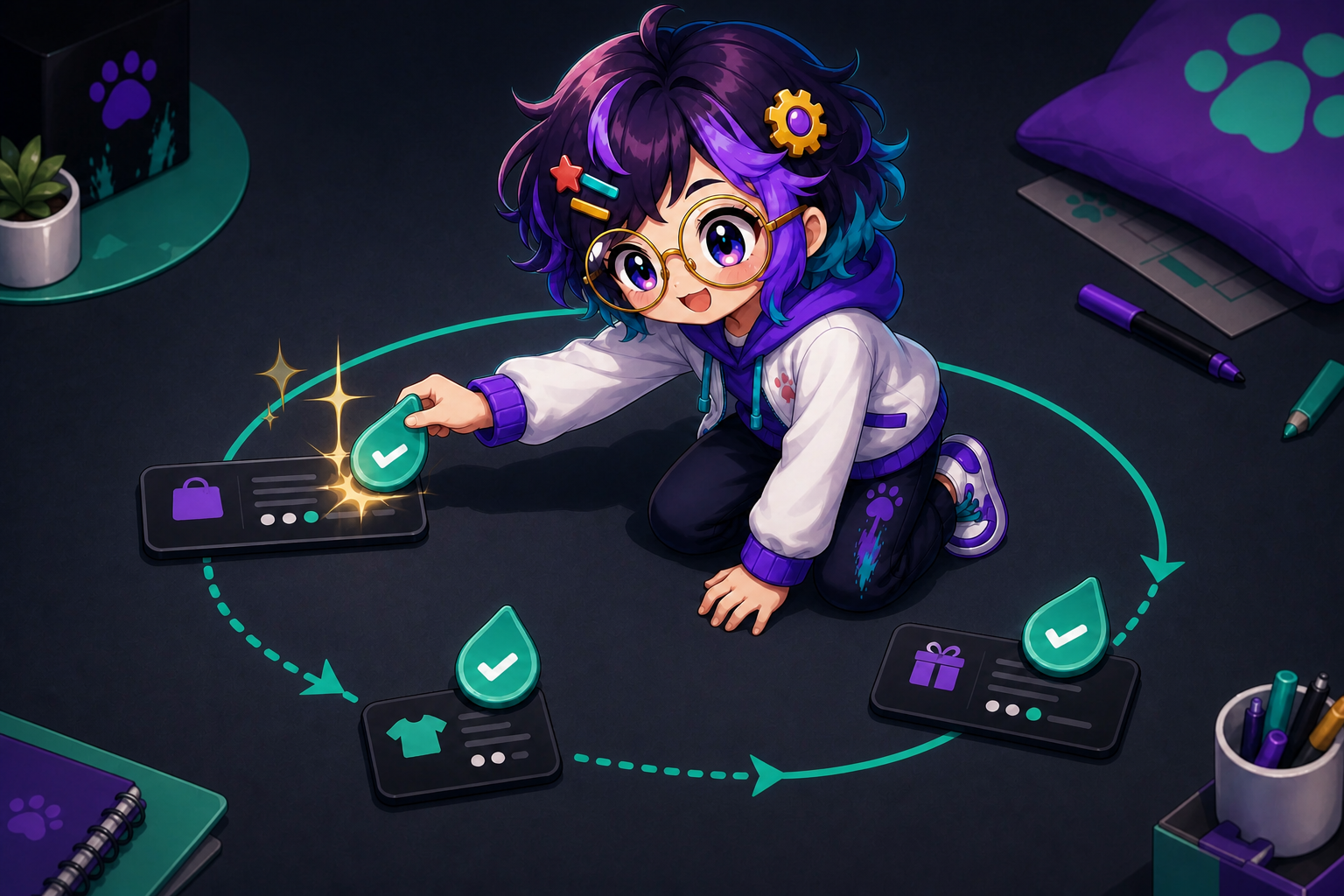 Illustrated guide figure kneeling to place a check token on one of three order tiles, a shopping bag, a shirt, and a gift, joined in a dashed cycle