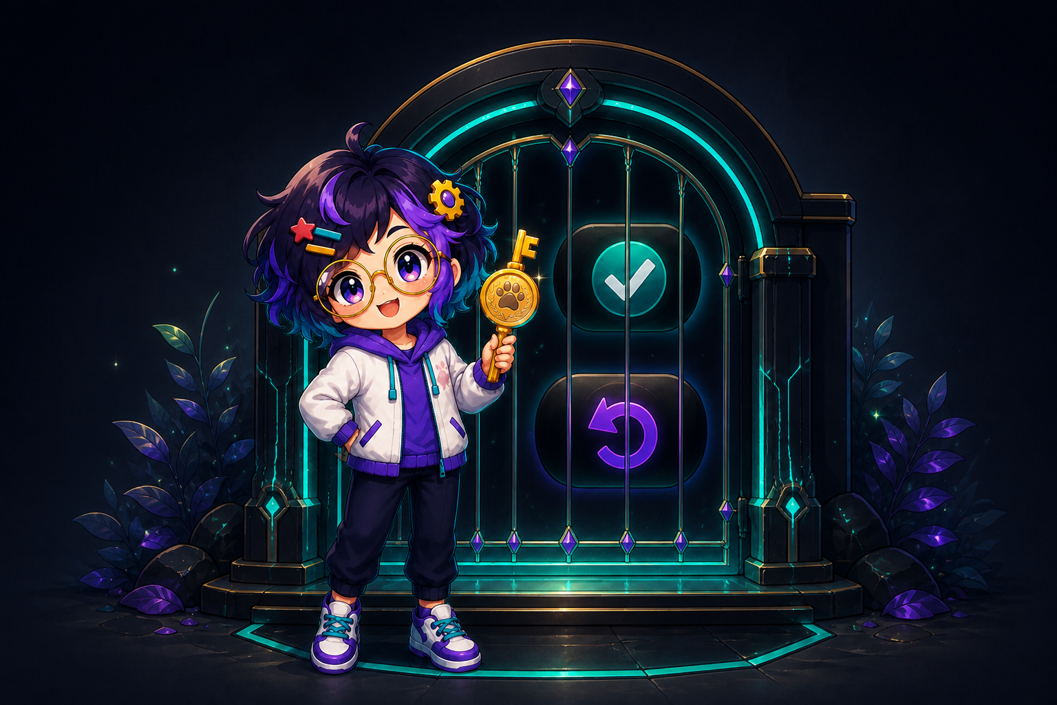 Illustrated guide figure holding a gold key in front of a barred gate, with a checkmark control and a reverse-arrow control visible behind the bars