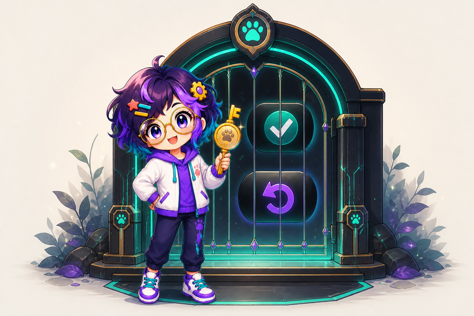 Illustrated guide figure holding a gold key in front of a barred gate, with a checkmark control and a reverse-arrow control visible behind the bars