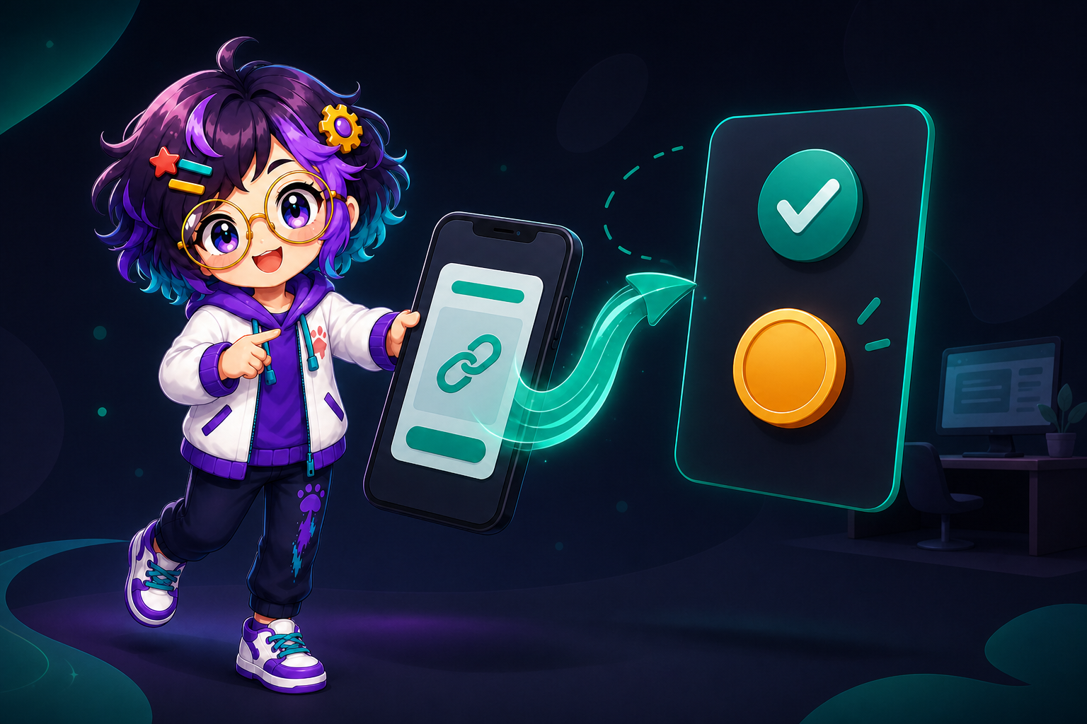 Illustrated guide figure in gold glasses pointing at a phone that shows a chain-link icon, with an arrow to a card holding a green check and a gold coin