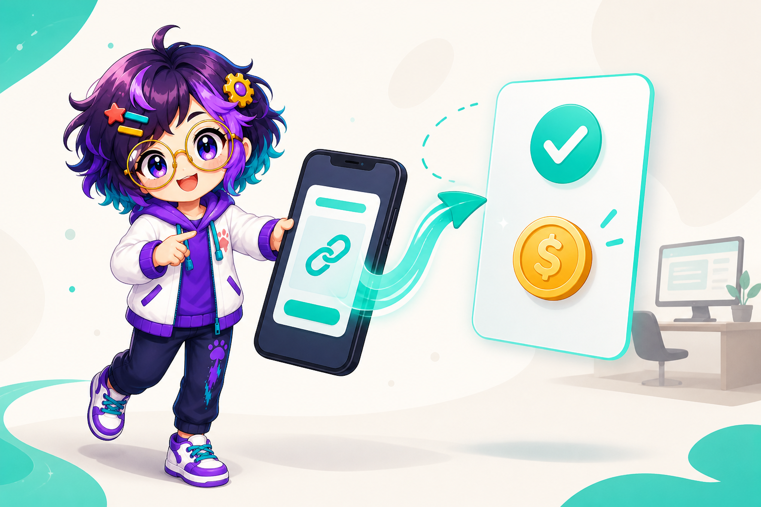 Illustrated guide figure in gold glasses pointing at a phone that shows a chain-link icon, with an arrow to a card holding a green check and a gold coin